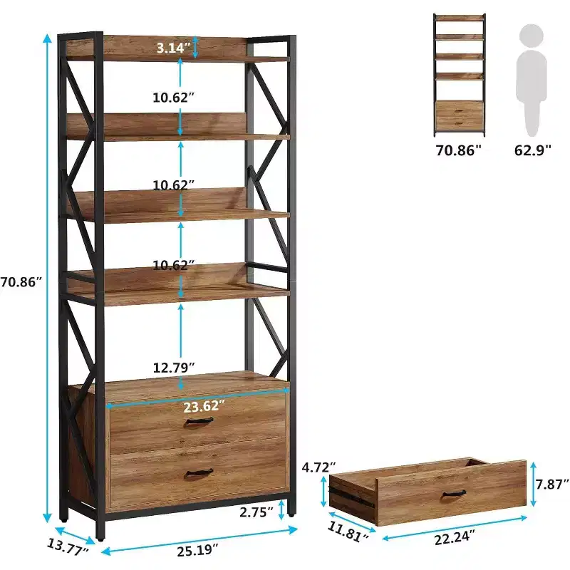 Lantine 70.8 2 Drawers 5 Shelf Open Bookcase