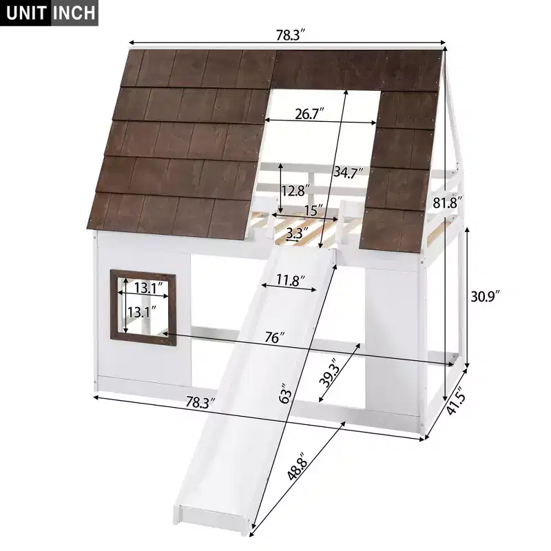Luxystar Twin Size House Bunk Bed with Roof, Window, Ladder and Slide, White+Brown