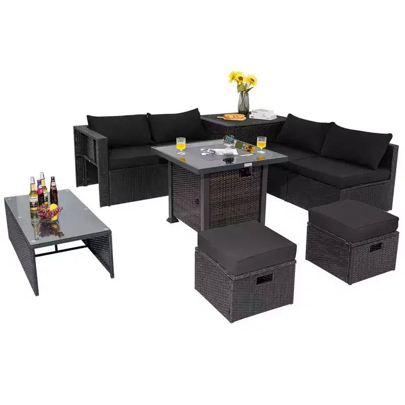 Costway 9 PCS Patio Furniture Set with 32 Fire Pit Table 50,000 BTU Square Propane Fire Pit Black/Grey/Navy/Red/Turquoise/White