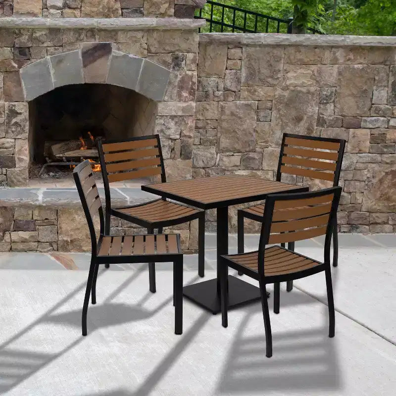 Flash Furniture Lark Outdoor Patio Bistro Dining Table Set with 4 Chairs and Faux Teak Poly Slats