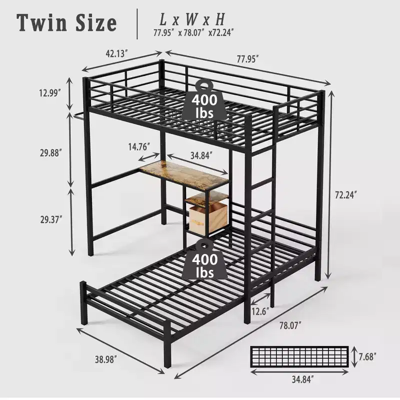 GDFStudio Benson Modern Metal Twin Over Twin L-Shaped Bunk Bed with Desk Station and Drawers