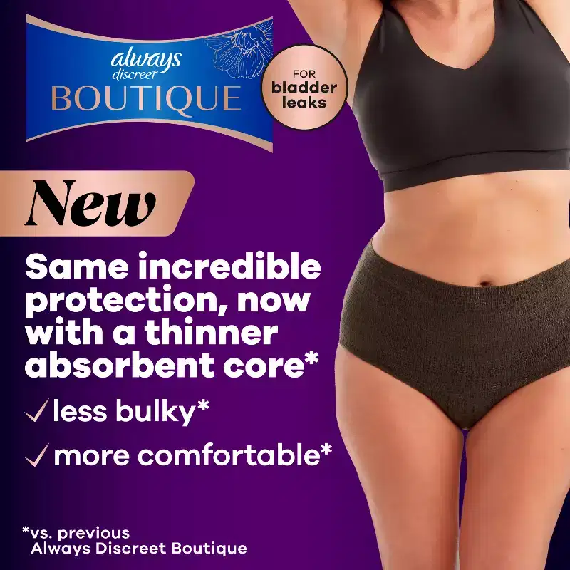 Always Discreet Boutique Adult Postpartum Incontinence Underwear for Women - Black - Small/Medium