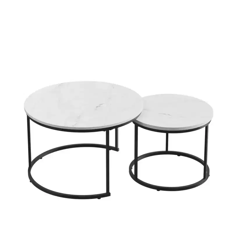 Nesting Coffee Table Set of 2, 27.6inch Round Coffee Table Wood Marble Pattern Top with Sturdy Metal Frame, End Table Side Tables