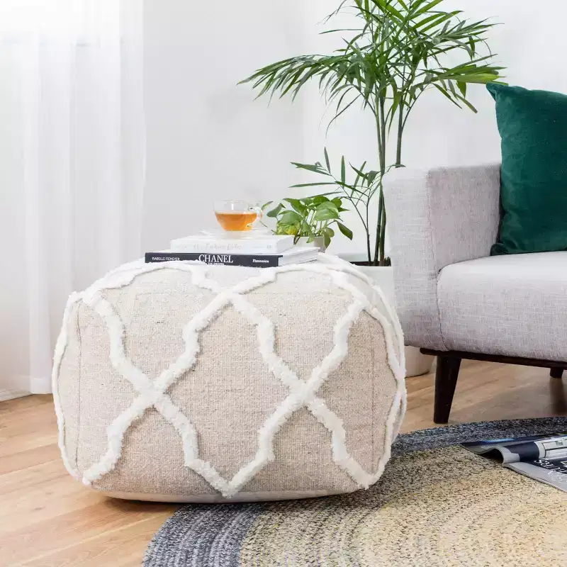 Moroccan Inspired Handmade Pouf, Jute and Cotton, Square