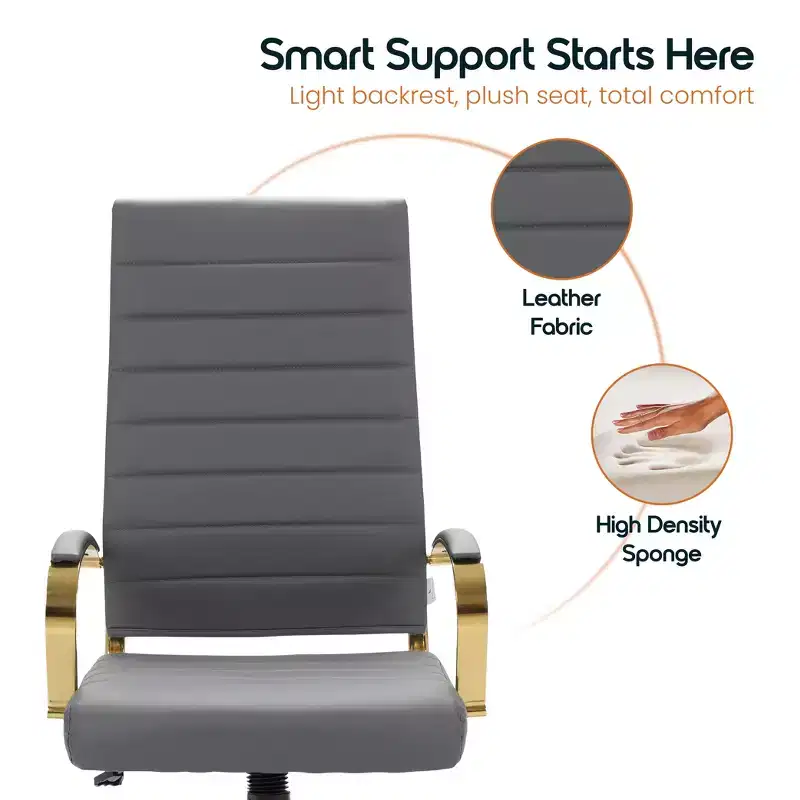 LeisureMod Benmar High-Back Ribbed Leather Office Chair - Modern Swivel & Tilt Executive Desk Chair - Gold Base