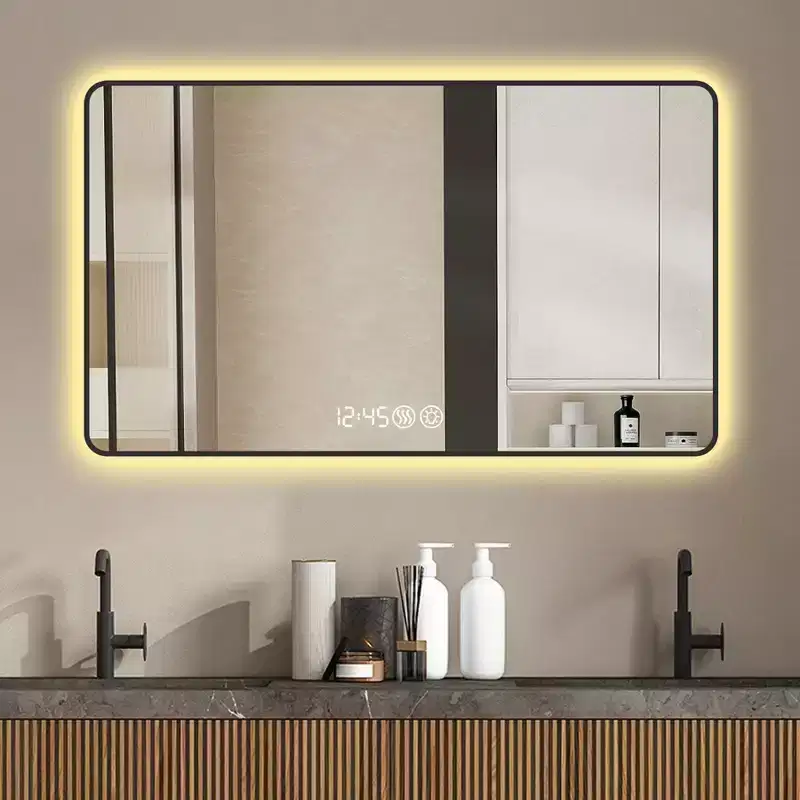 Okak Wall Mount Bathroom Mirror with Round Corner, Defogging Vanity Mirror with Temperature Display, Wall Mirror for Bathroom