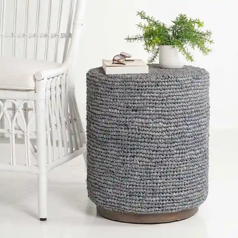 Handwoven Natural Raffia Ottoman Accent Table