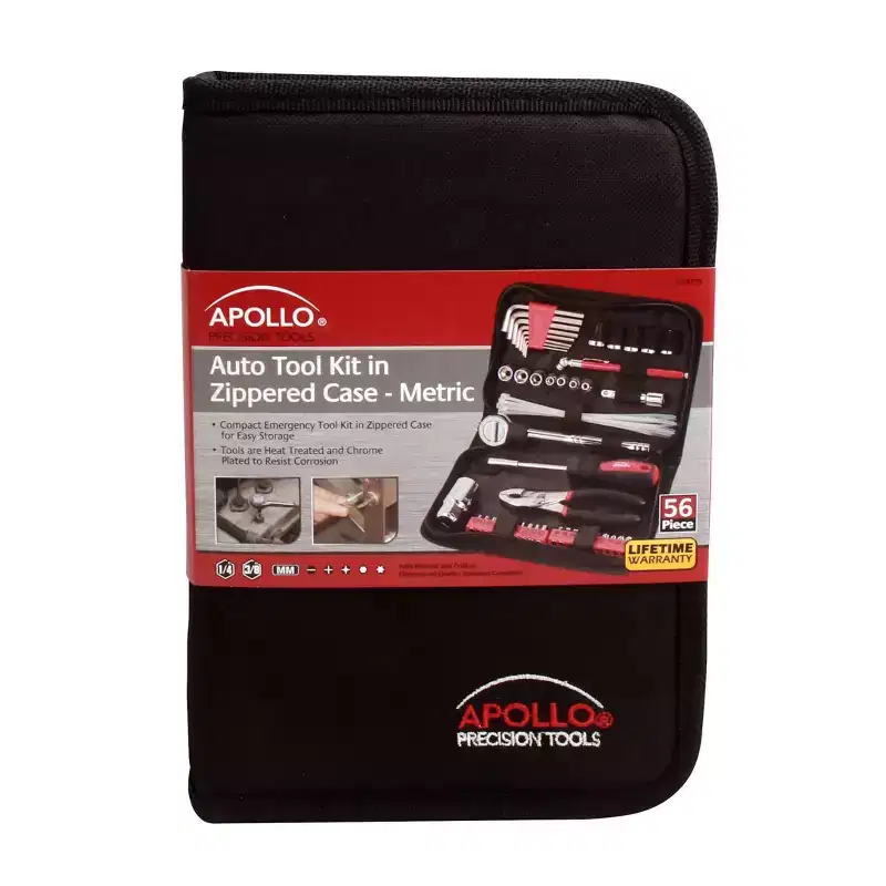 Apollo Tools 56pc DT9775 Auto Tool Set In Zippered Case Metric: Car Tool Set, Comfort-Grip, Interchangeable Bits, Steel