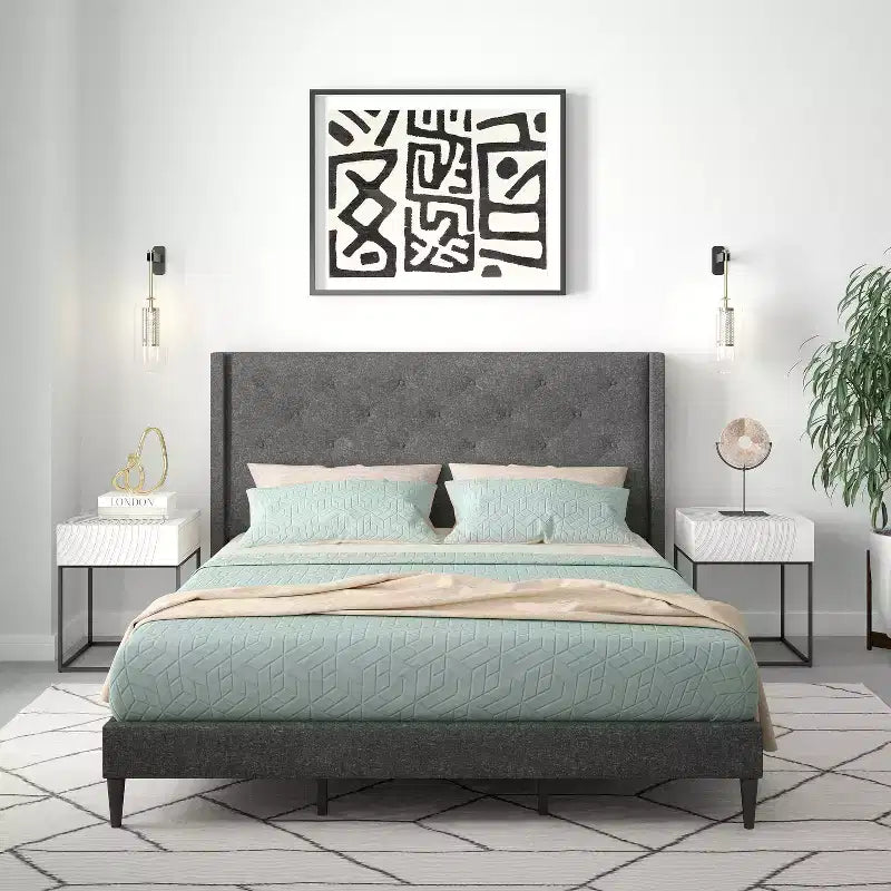 Button-Tufted Wingback Platform Bed Frame No Box Spring Needed Easy Assembly