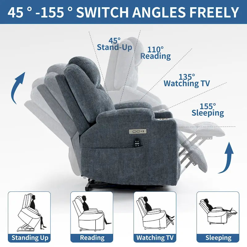 Power Lift Recliner | 8-Point Massage | Lumbar Heat | Dual USB | Steel Cup Holders | Blue