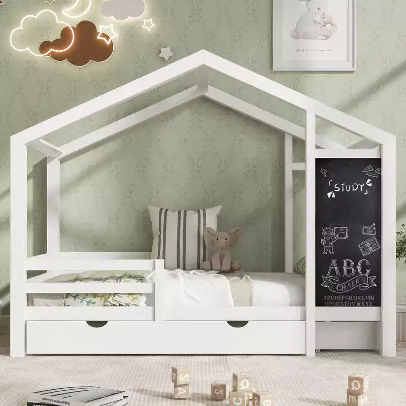 Bellemave Twin/Full House Bed with Blackboard and Storage Drawers, Convertible Kids Play and Sleep Loft Bed, White