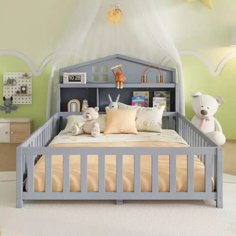 Full Size Montessori Floor Bed with Bookcases, Blackboards and Storage Headboard, Grey