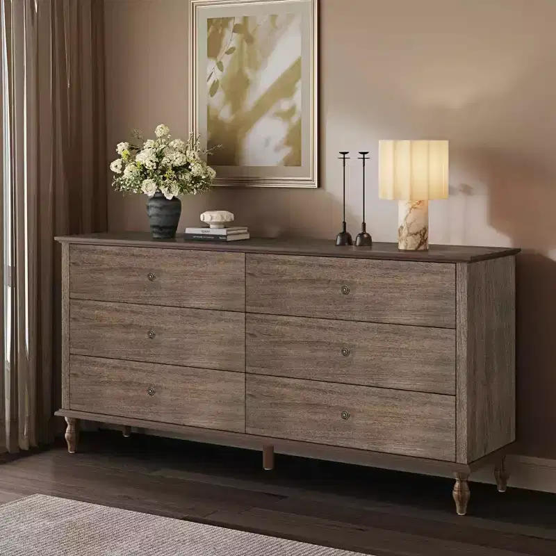Modern 63 Wooden Storage Cabinet with 6 Drawers and Metal Copper Handles