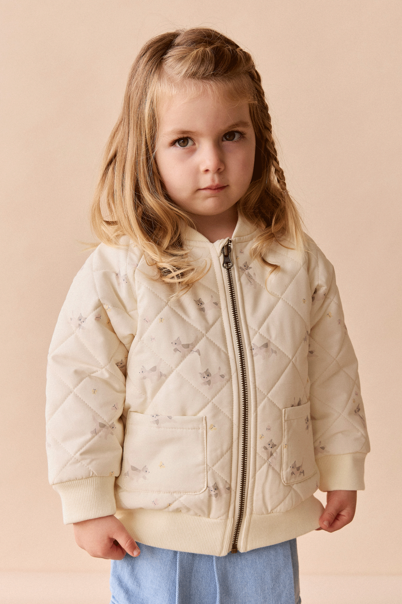 Playful Whisper White Kitten Print Recycled Nylon-Cotton Jacket with Recycled Polyester Lining for Kids Everyday Outerwear (6M�C10Y)