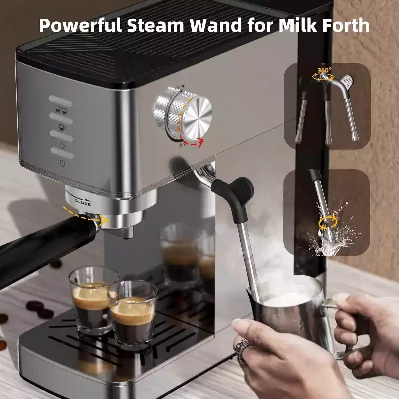 20-Bar Premium Metal Espresso Machine with Milk Frother for Latte and Cappuccino - Silver