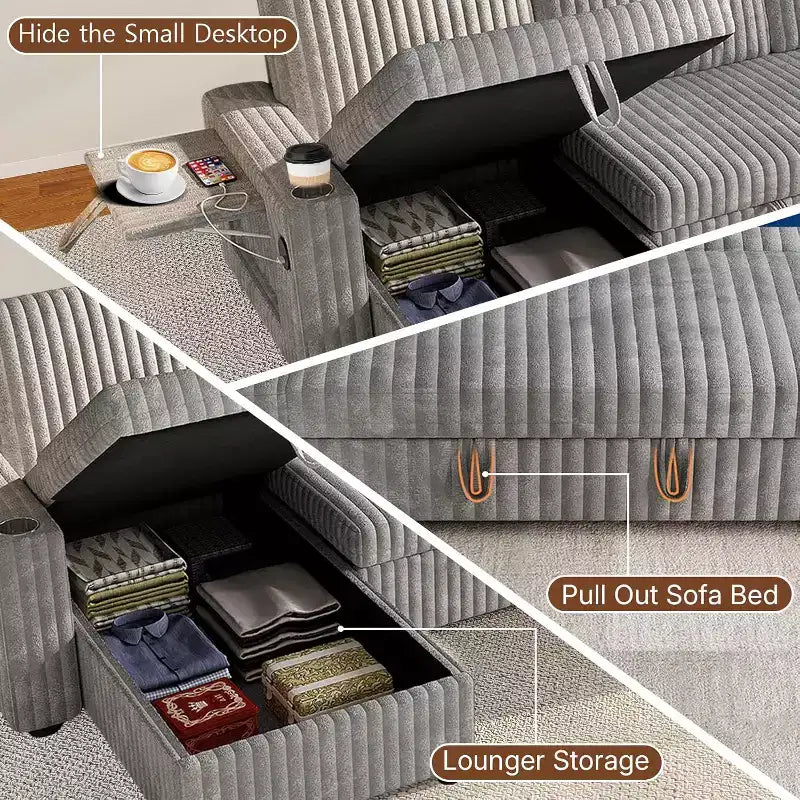 MooxvMoo 122 U-Shaped Convertible Sleeper Sofa with Storage, Adjustable Backrest, Side Table, USB Ports & Cup Holders, Grey