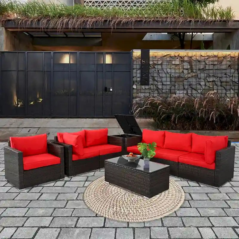 8-Pieces Brown Wicker Outdoor Sectional Set with Glass Coffee Table