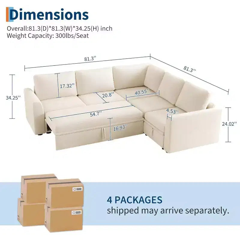Acekool Chenille Sectional Sofa with Pull-Out Bed, Gray | Modular L-Shaped Couch with Storage Seats & Corner Piece Product Description