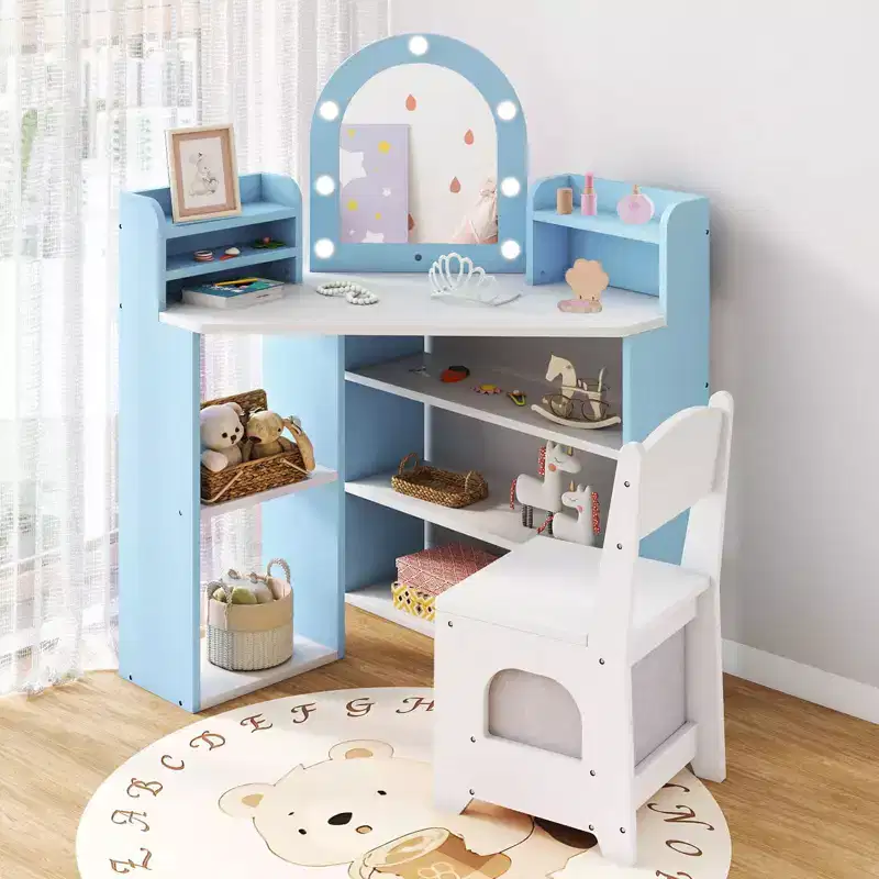 Costway Corner Kids Vanity with Lights, 3 Storage Shelves, 5 Open Compartments, Accessories Pink/Blue + White