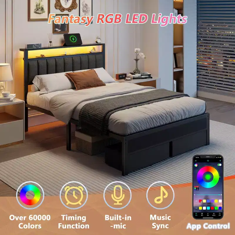 Full Platform Bed Frame with LED Lights Charging Station Storage Headboard 2 Fabric Drawers Grey Upholstered Metal Support No Box Spring Needed