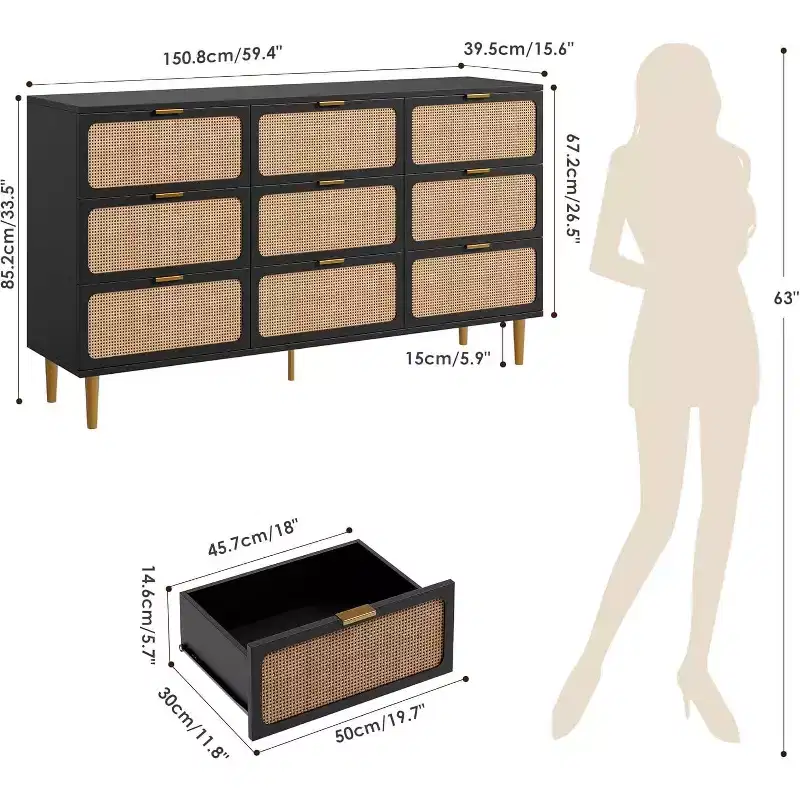 Natural Rattan 9 Drawer Dresser, Handwoven Rattan Storage Cabinet with Wide Top, Tall Wooden Chest of Drawers for Bedroom Living Room Hallway