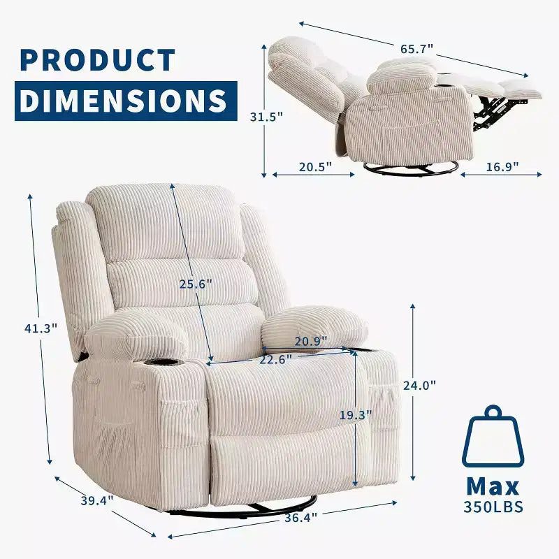 360 Swivel Rocker Recliner Chair for Adults, Rocking Manual Glider Sofa with 3 Positions, 2 Cup Holders, 4 Pockets for Living Room, Bedroom