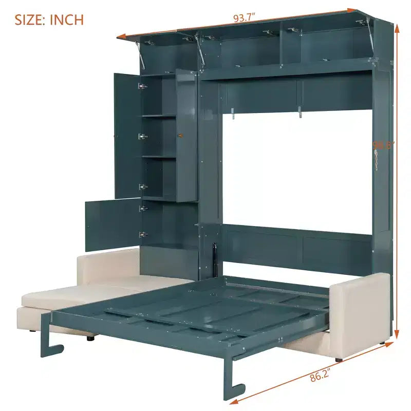 Queen Size Murphy Bed with Sofa and Cabinet, Wooden Queen Cabinet Bed Wall Bed with Shelves, Folding Wall Chest Bed for Guest Room Office