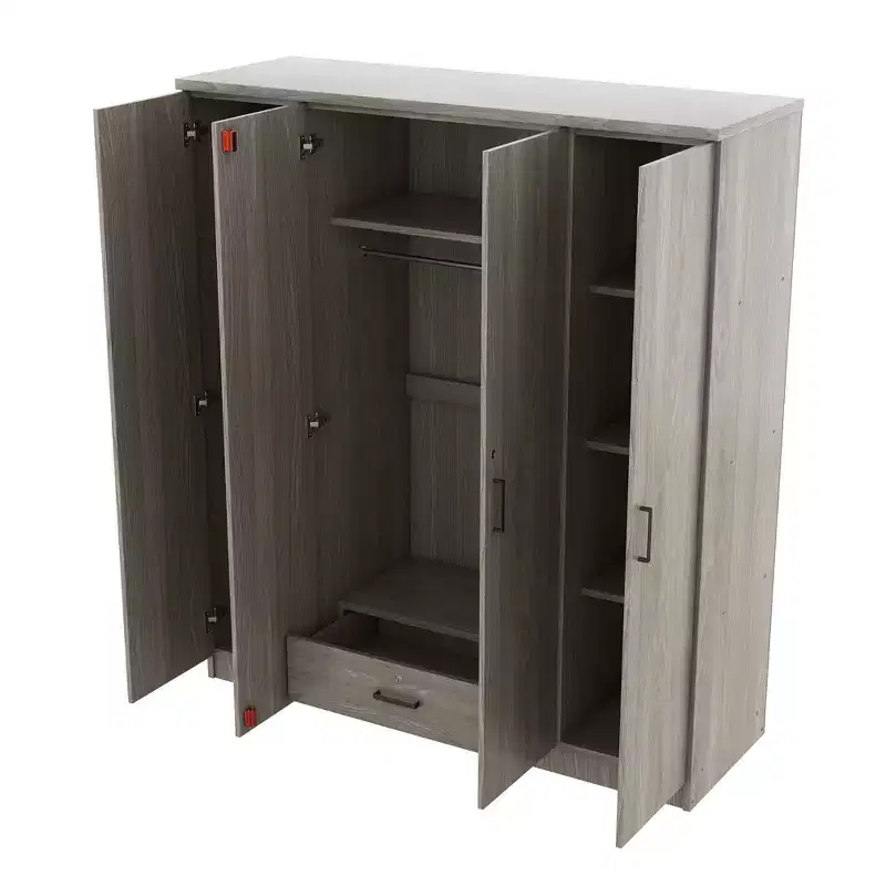 Wood 4-Door Wardrobe Armoire with Hanging Rod, 1-Drawer and Storage Shelves