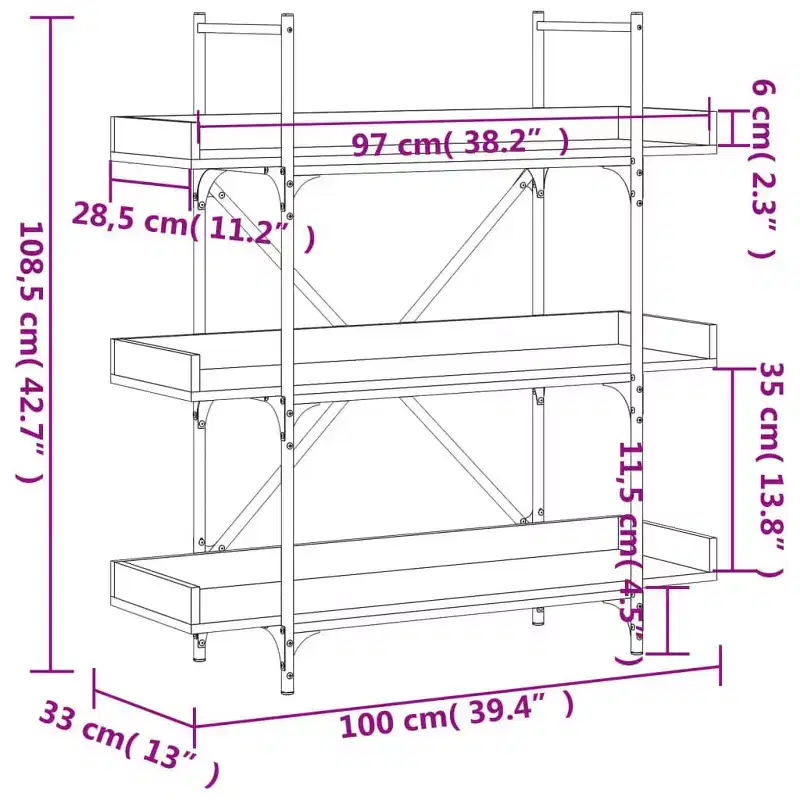 vidaXL Bookcase Brown oak Engineered wood and metal 39.4 x 13.0 x 42.7 in