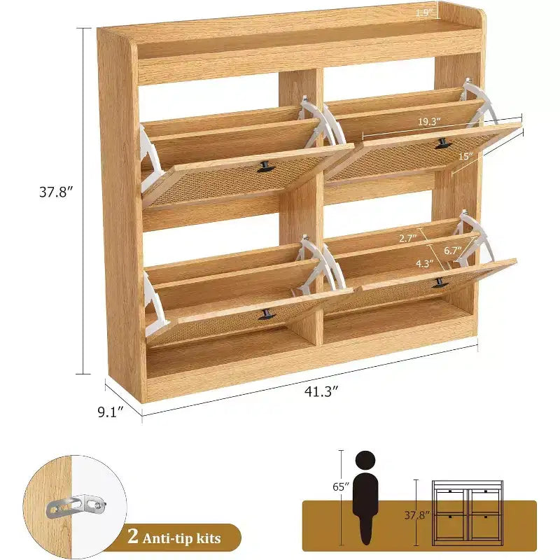 Shoe Cabinet Rattan with 4 Flip Drawers, Wooden Freestanding Shoe Organizer with Adjustable Shelves