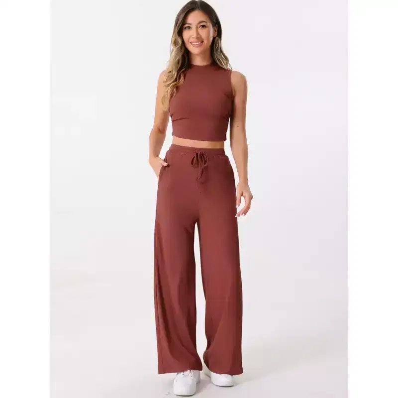 Allegra K Women's 2 Piece Crew Neck Sleeveless Crop Tank and Wide Leg Pants Summer Lounge Set