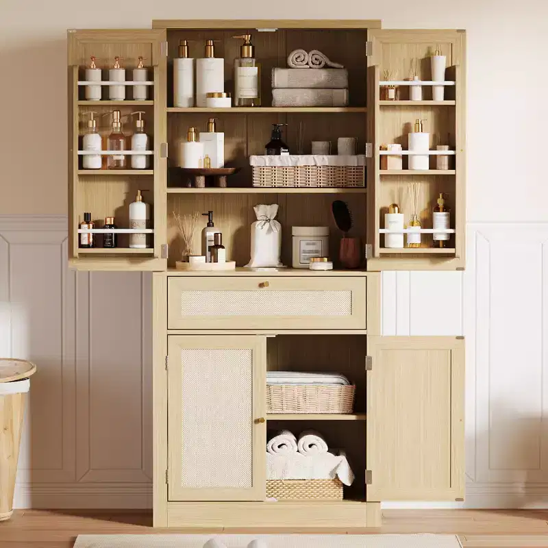 70 in Tall Rattan Pantry Cabinet with 1 Drawer, 2 Cabinets and Adjustable Shelves, for Kitchen, Living Room, Laundry Room