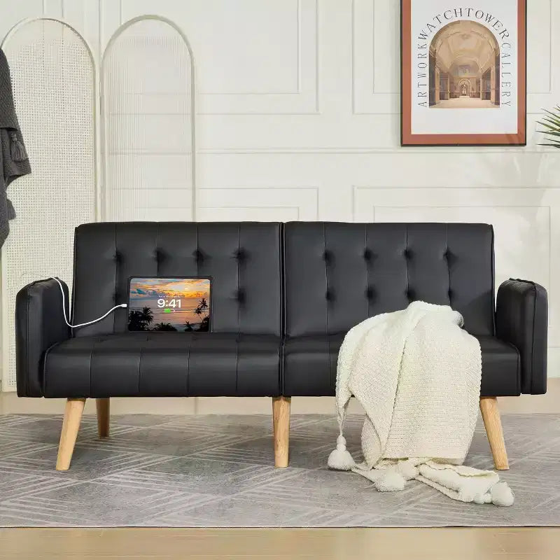 TYBOATLE 65 Convertible Faux Leather Futon Sofa Bed, Modern Upholstered Couch with USB, Folding Loveseat for Small Space, Apartment, Dorm, Office