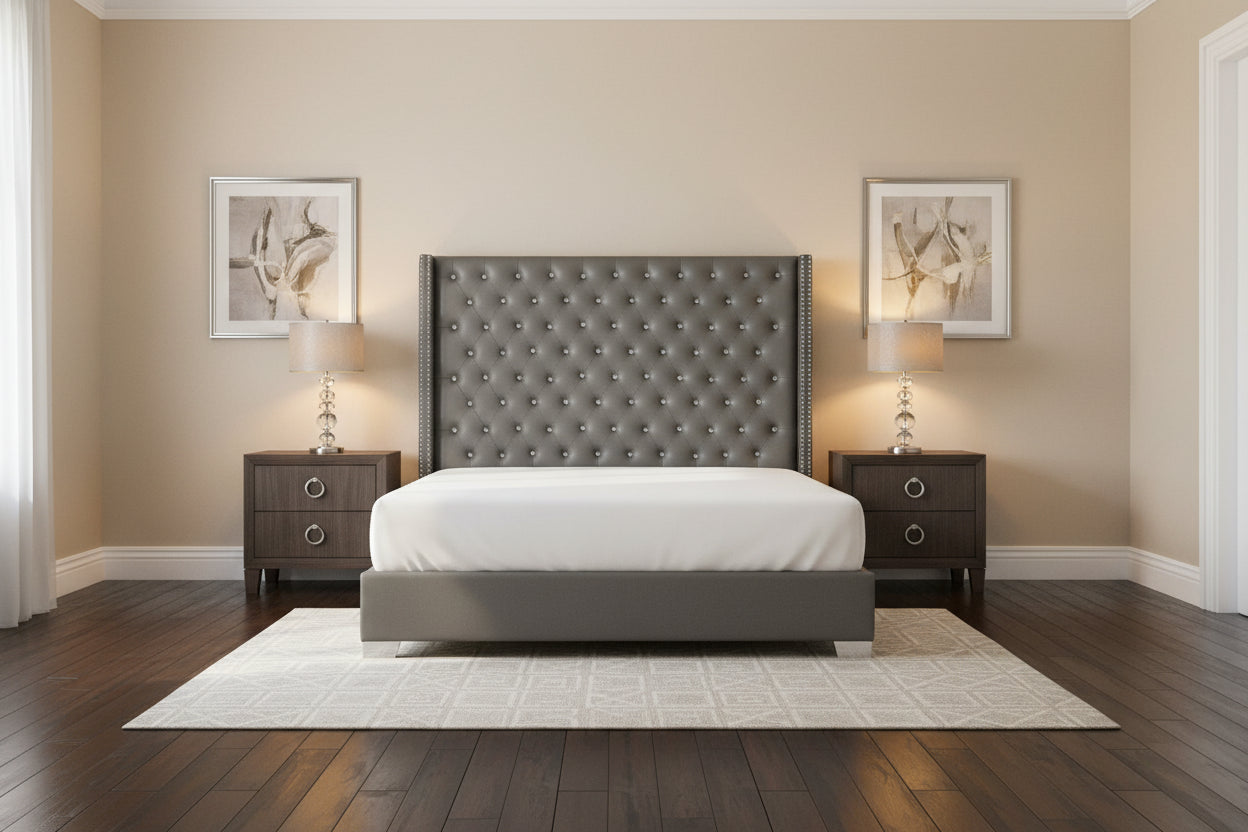 Gray Faux Leather Upholstered Tufted Bed