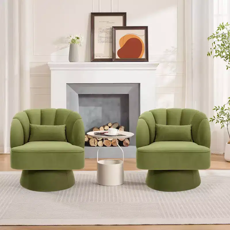 Modern Swivel Barrel Accent Chair, 360 Degree Velvet Upholstered Armchair with Striped Backrest & Plush Padding, Comfy Round Lounge Chair 2 PCS