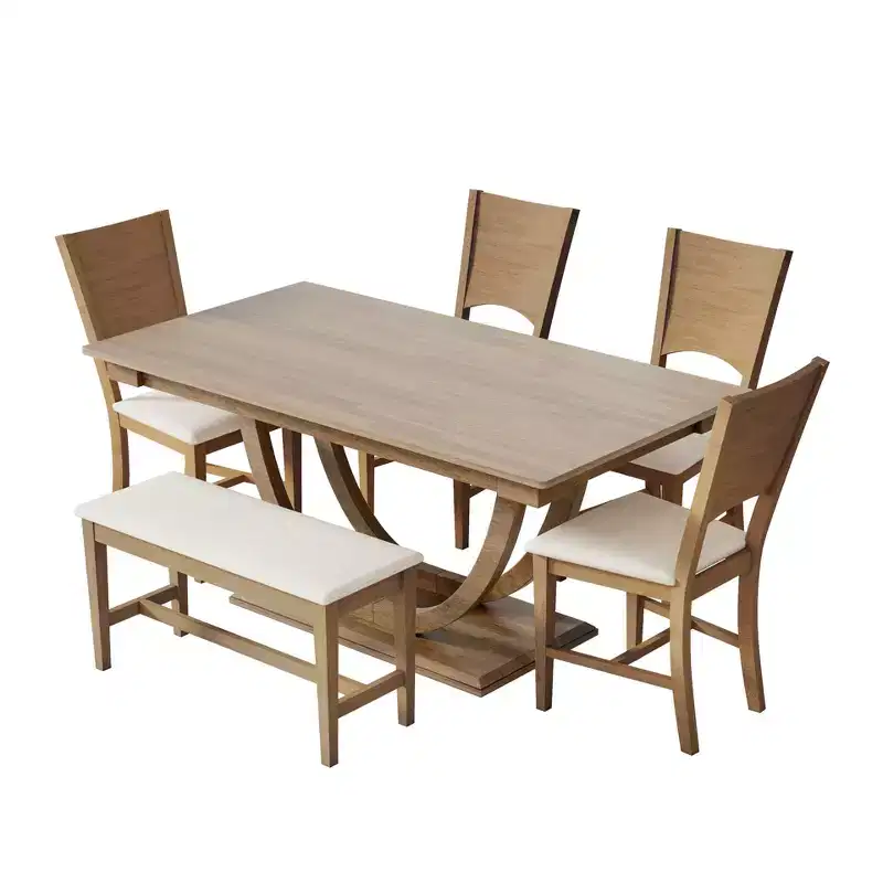 6pcs Dining Table Set Dining Set for 6, Family Kitchen Table Set with Ergonomic Padded Dining Chairs & Bench - ModernLuxe