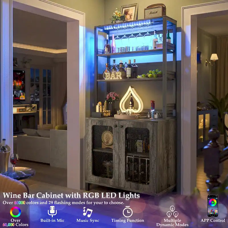 67-Inch Tall Wine Bar Cabinet with LED Lights, Glass Holder and Power Outlets
