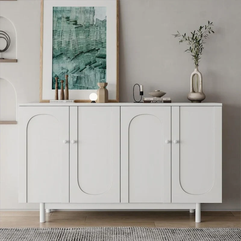 4-Door Intaglio Storage Cabinet with Pine Legs and Solid Wood Pulls