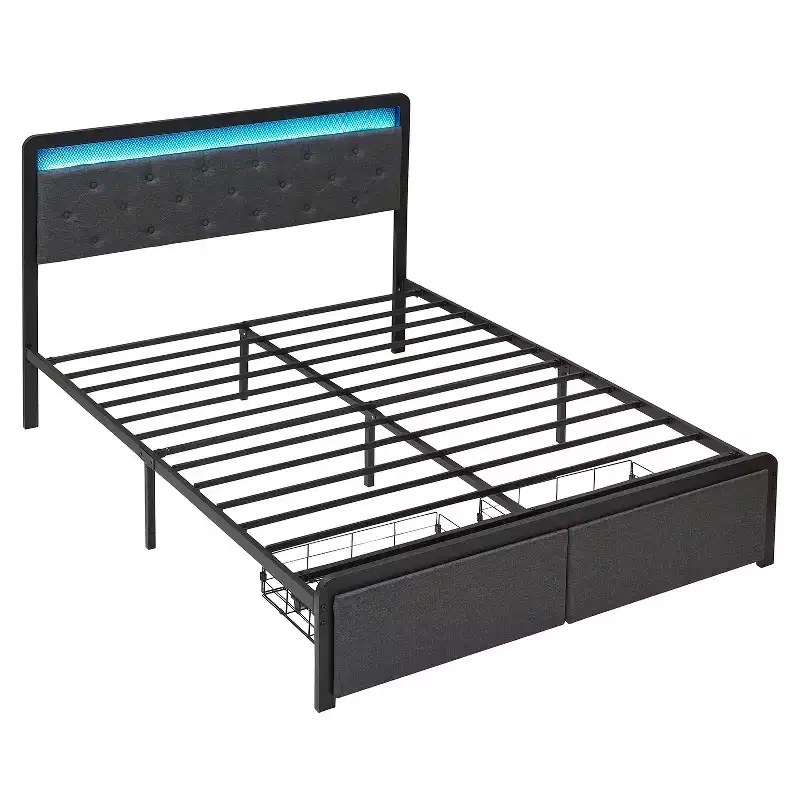 Bed Frame, Platform Upholstered Bed Frame, with 2 Storage Drawers and Button Tufted Headboard, Heavy Metal Slat Support, Noise Free