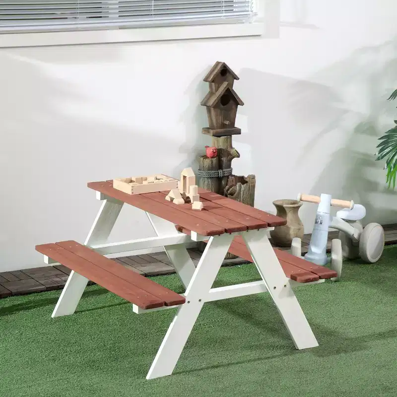 Outsunny Kids Picnic Table Set for Garden, Backyard, Wooden Table & Bench Set, Kids Patio Furniture Outdoor Toys, Aged 3-8 Years Old, Brown
