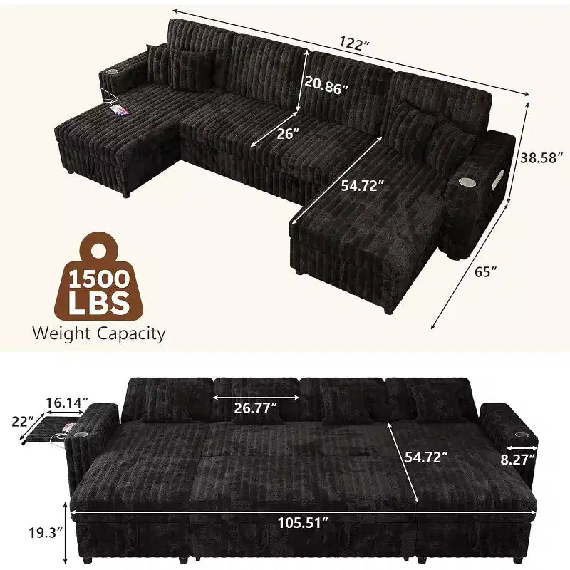 MooxvMoo 122 U-Shaped Sleeper Sofa with Storage,Side Table,USB Ports&Cup Holders Jet,Convertible Couch Featuring Pull-Out Bed,Adjustable Backrest