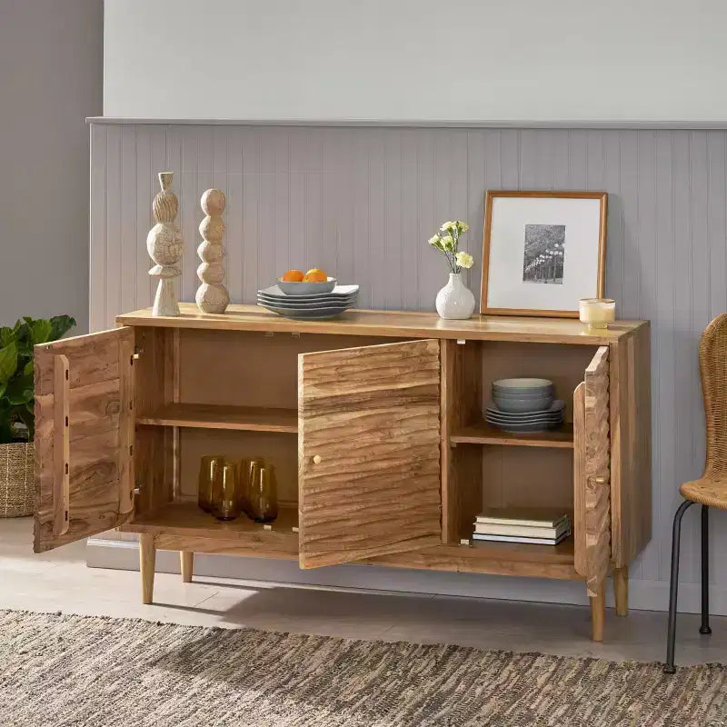 Mid-Century Sideboard Buffet Cabinet with Storage, Kitchen Cabinet w/3 Relief Cabinet Doors, Rustic Wood Coffee Bar Table for Dining Room