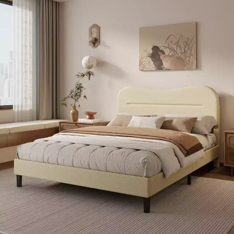 Queen Size Bed Frame with Headboard Beige Teddy Boucle Fabric Upholstered Platform Bed Soft Cloud Marshmallow Design No Box Spring Needed Wood Slats