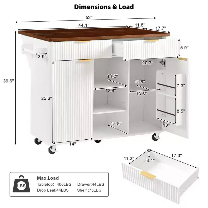 52-Inch Fluted Kitchen Island Cart with Power Outlet and Faux Marble Drop Leaf