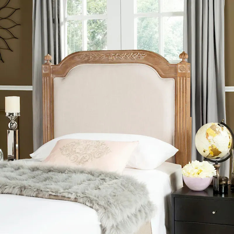 French Country Style Wood Headboard with Upholstered Panel