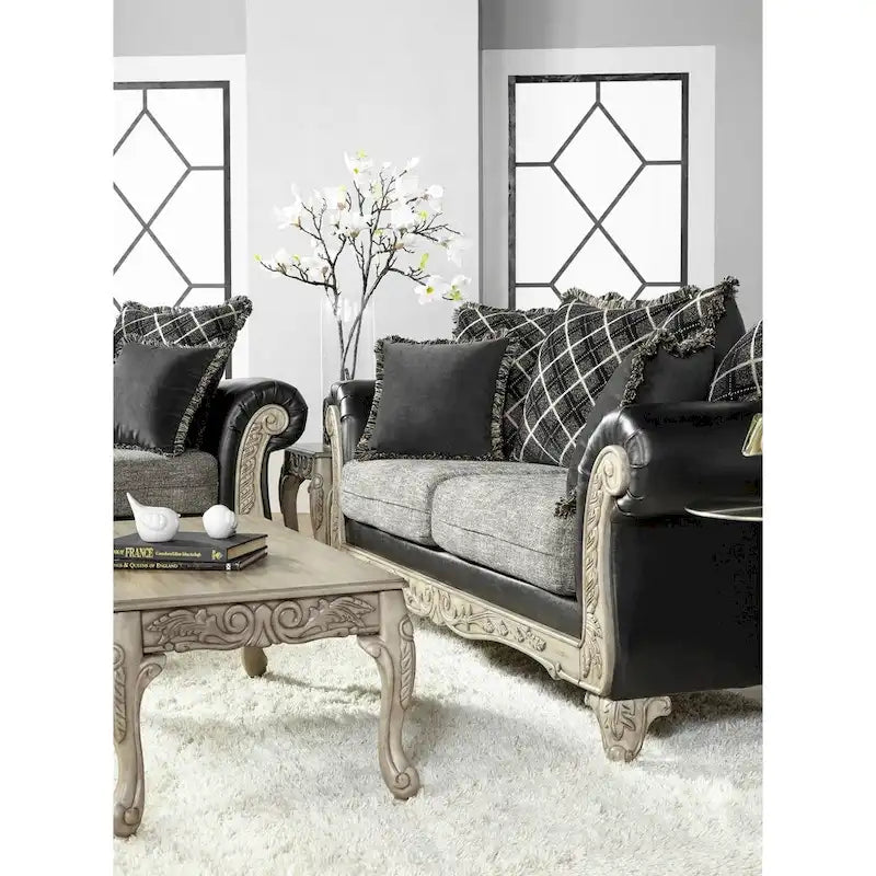 2-Tone Fabric Sofa and Loveseat with 3 Tables Set in Ebony