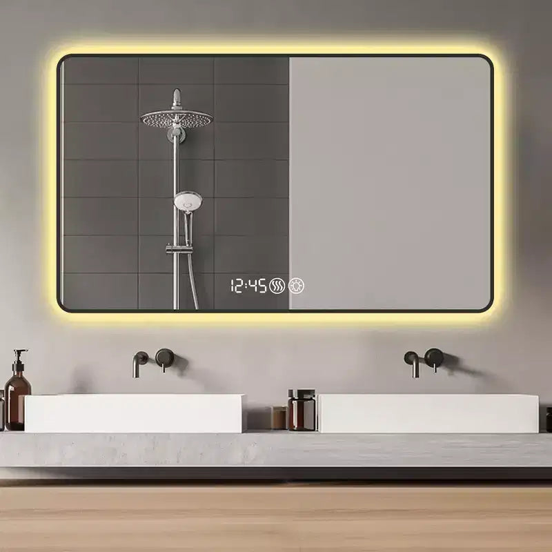 Whisen LED Bathroom Wall Mirror with Aluminum Alloy Frame and Defogging Function, Temperature & Time Display - Black
