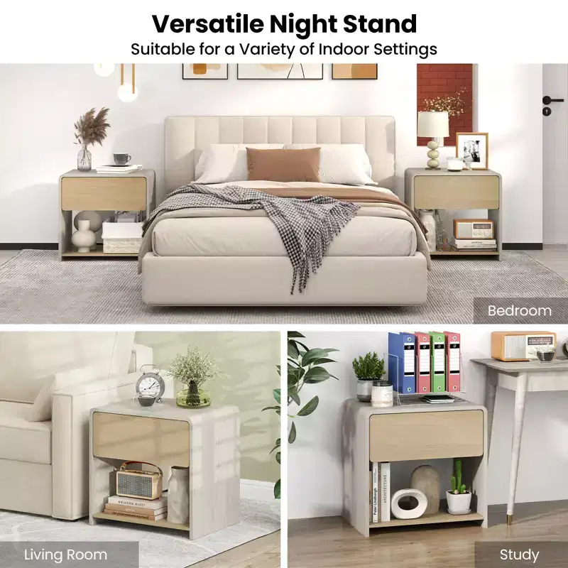 Costway Modern Style Nightstand 2-Tier Sofa Side Bedside Table w/ Drawer & Open Shelf