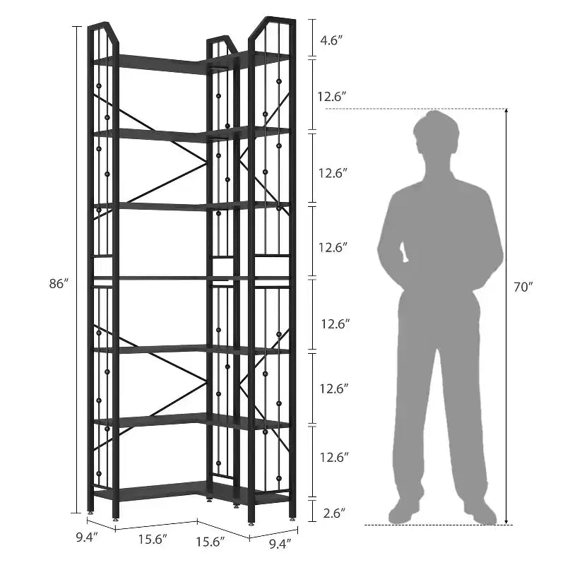 GustoWave 7-Tier Corner Bookshelf 86 Tall L-Shaped Bookcase Storage Shelf with Metal Frame