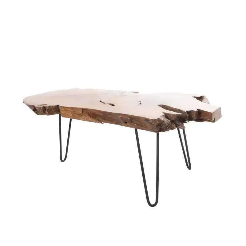 Olivia & May Teak Wood Handmade Live Edge Coffee Table with Black Metal Hairpin Legs Brown